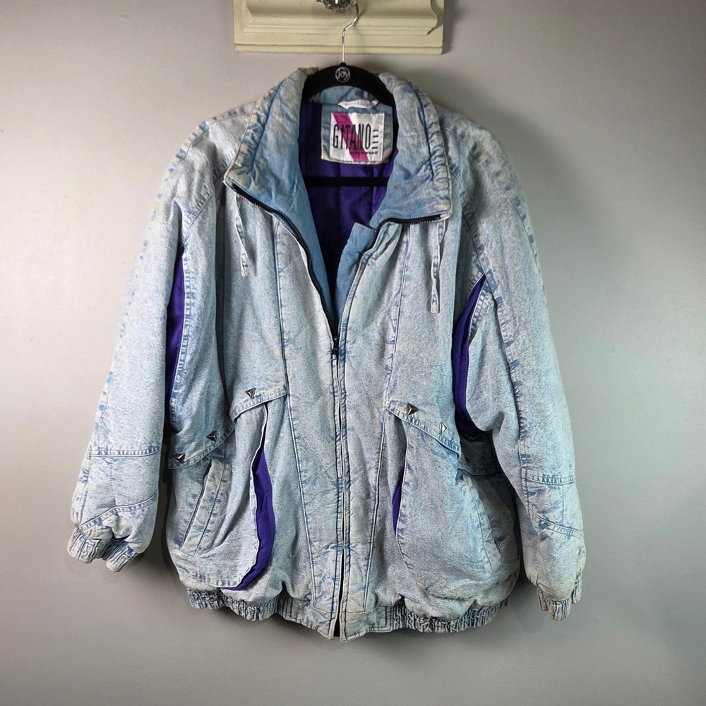 Gitano Denim Bomber Jacket Womens L Blue Acid Wash 80s Vintage Studded Padded